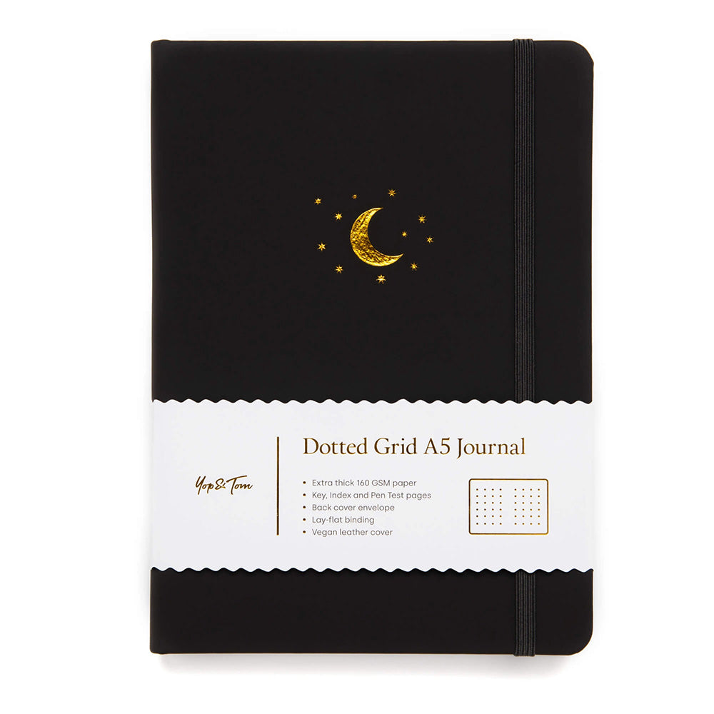 Yop & Tom A5 Notebook - Dot Grid - Moon and Stars Black